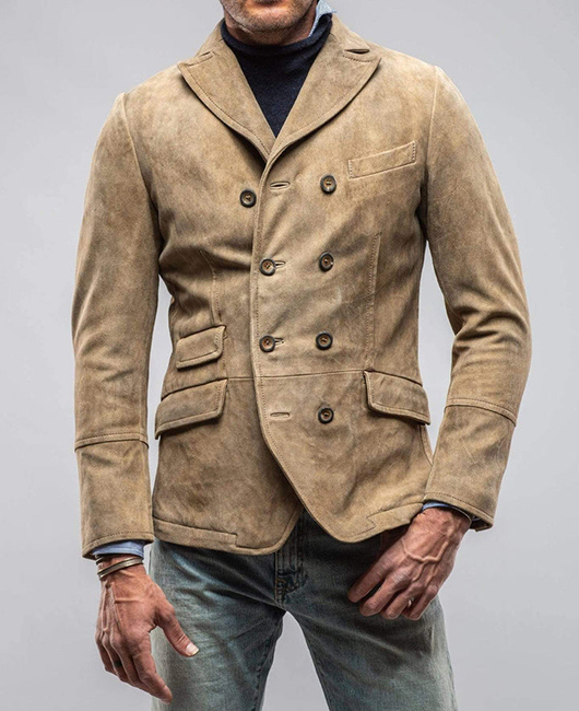 Daily Suede Notch Lapel Double Breasted Pockets Jacket